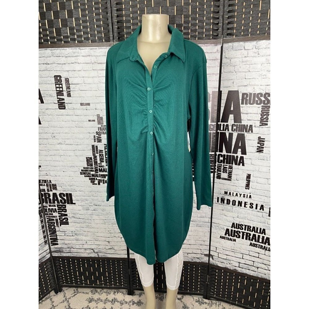 BP 3X Green Ruched Front Button Down Ribbed Collar Long Sleeve Shirt Dress